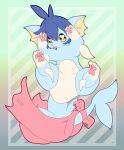  2022 3_fingers 3_toes absurd_res amber_eyes blue_body blue_hair bow_ribbon eeveelution feet female feral fin fingers generation_1_pokemon hair hi_res nintendo okazu pawpads paws pokemon pokemon_(species) presenting ruka_vaporeon simple_background solo toes tongue tongue_out vaporeon video_games white_body 