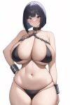  1girl ai-generated bikini blue_eyes blue_hair blush breasts chain cleavage collar cowboy_shot cuffs gorgeous_mushroom hand_on_hip huge_breasts looking_at_viewer navel original plump shackles short_hair simple_background solo swimsuit thick_thighs thighs white_background 