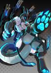  2022 agitype01 anthro biped black_background black_body blep blue_body blue_claws blue_eyes blue_pawpads bottomwear bulge claws clothing digital_media_(artwork) digitigrade grey_background grey_body hi_res low-angle_view male pawpads simple_background skirt solo synth_(vader-san) tongue tongue_out upskirt 