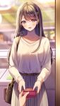  1girl amagi_shino artist_name bag belt blush brown_hair commentary_request eyelashes hair_ornament hairclip handbag happy highres long_hair looking_at_viewer original purple_eyes signature smile solo standing 