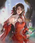  1girl artist_request blurry blurry_background brown_hair bug butterfly china_dress chinese_clothes cleavage_cutout closed_mouth clothing_cutout detached_sleeves dress earrings facial_mark falling_petals flower forehead_mark glowing_butterfly highres holding holding_flower huo_linger_(wanmei_shijie) jewelry long_hair petals red_dress rock second-party_source shiny shiny_hair solo upper_body wanmei_shijie water 