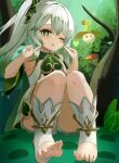  1girl bangs bloomers blush cape closed_mouth cross-shaped_pupils detached_sleeves dress feet fungi_(genshin_impact) genshin_impact gold_trim gradient_hair green_cape green_eyes green_hair green_sleeves hair_ornament hands_up heart highres i_ruru index_fingers_raised knees_up leaf_hair_ornament long_hair looking_at_viewer multicolored_hair mushroom nahida_(genshin_impact) one_eye_closed pointing pointing_at_self pointy_ears side_ponytail sidelocks sitting sleeveless sleeveless_dress solo stirrup_footwear stirrup_legwear toeless_footwear toeless_legwear toes tongue tongue_out tree underwear white_bloomers white_dress white_footwear white_hair 