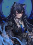  1girl animal_ears arknights belt black_coat black_hair black_vest blue_background blue_fire blue_necktie coat coat_on_shoulders collared_shirt fire liangban_xiexu long_hair looking_at_viewer necktie orange_eyes parted_lips petals shirt solo sword texas_(arknights) texas_the_omertosa_(arknights) upper_body vest weapon white_shirt wolf_ears 