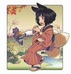  1girl animal_ears autumn_leaves black_hair branch brown_eyes brown_footwear brown_kimono commentary_request demon eyebrows_hidden_by_hair fang flower food fox_ears fox_girl fox_tail full_body holding holding_food japanese_clothes kimono kitsune kukuri_(mawaru) leaf long_sleeves looking_at_viewer maple_leaf mawaru_(mawaru) open_mouth original striped striped_kimono sweet_potato tail vertical-striped_kimono vertical_stripes white_flower wide_sleeves yakiimo yellow_flower zouri 