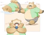  2022 anthro anthrofied belly bidoof big_belly bottomwear brown_body bulge clothed clothing eyes_closed food generation_4_pokemon hi_res inunoshippo japanese_text kemono male nintendo open_clothing open_shirt open_topwear overweight overweight_male pokemon pokemon_(species) shirt shorts solo text topwear video_games 