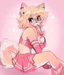  anakoluth anakoluth_(character) anthro beverage blonde_hair blue_eyes bottomwear canid canine canis clothing curled_tail domestic_dog eyewear female fur glasses hair hi_res mammal piercing shiba_inu sipping sitting skirt solo spitz topwear yellow_body yellow_fur 