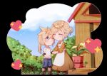  1boy 1girl apron black_shirt blonde_hair blue_eyes blue_shorts blush brown_footwear chibi claudia_strife closed_eyes cloud_strife dress final_fantasy final_fantasy_vii final_fantasy_vii_remake flower full_body hair_between_eyes hair_bun highres holding_hands house keria layered_shirt long_dress long_sleeves looking_at_another low_ponytail male_child medium_hair mother_and_son one_eye_closed orange_dress outdoors puffy_long_sleeves puffy_sleeves shirt short_sleeves shorts smile spiked_hair t-shirt tree white_apron white_shirt yellow_flower 