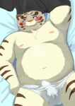  2022 9dtq0 absurd_res anthro band-aid bandage belly blush bulge clothed clothing erection erection_under_clothing felid hi_res kemono licho_(tas) lifewonders lying male mammal moobs navel nipples overweight overweight_male pantherine solo tiger tokyo_afterschool_summoners underwear video_games white_body 