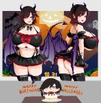  1girl absurdres bat_(animal) bikini birthday_cake black_bikini black_bow black_bowtie black_choker black_lips black_thighhighs blush bow bowtie breasts butter_knife cake chibi choker dated demon_girl demon_horns demon_tail demon_wings earrings fangs food fork ghost grey_eyes hair_ornament hairclip halloween happy_birthday happy_halloween headband highleg highleg_bikini highres holding holding_fork holding_knife horns huge_breasts jack-o&#039;-lantern jewelry knife lipstick looking_at_viewer makeup microskirt multicolored_hair multiple_earrings odakubara pumpkin ruby_rose rwby skirt solo stud_earrings swimsuit tail thighhighs wings 