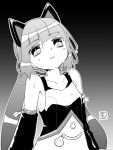  1girl animal_ears breasts cat_ears character_request collarbone greyscale long_hair looking_at_viewer md_monaka medarot monochrome simple_background solo sweat twintails 