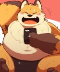  2022 96tning anthro belly big_belly blush canid canine cellphone clothing eyes_closed fox kemono male mammal navel overweight overweight_male phone sitting smartphone solo underwear 