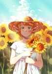  1girl blue_sky cloud dress dungeon_meshi elf flatamany flower green_eyes hat highres holding holding_flower looking_at_viewer marcille pointy_ears sky smile straw_hat sunflower white_dress 