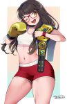  1girl ;d black_hair boxing_gloves breasts championship_belt collarbone commentary glasses head_tilt highres iroyopon long_hair navel one_eye_closed original red-framed_eyewear red_shorts short_shorts shorts signature small_breasts smile solo symbol-only_commentary teeth upper_teeth very_long_hair yellow_eyes 