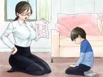  1boy 1girl and_opi black_hair black_pantyhose black_skirt blue_shirt glasses green_eyes hand_on_hip highres holding holding_paper mother_and_son open_mouth original paid_reward_available pantyhose paper scolding seiza shirt sitting skirt socks sweatdrop test_score_(paper) white_shirt 