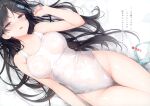  1girl absurdres bangs bare_arms bare_shoulders bed_sheet black_hair blue_eyes blush breasts collarbone full_body highleg highleg_swimsuit highres long_hair looking_at_viewer lying medium_breasts nipples on_back one-piece_swimsuit open_mouth original scan see-through senji_(tegone_spike) shiny shiny_hair shiny_skin simple_background solo swimsuit thighs wet wet_clothes wet_swimsuit 
