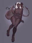  anthro big_breasts black_body breasts claws curved_horn ear_piercing female hair hi_res horn hybrid katfishcom long_tail looking_at_viewer nails nude piercing red_sclera reptile scalie solo thick_tail white_hair wide_hips 