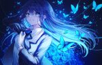  1girl absurdres ado_(singer) bangs blue_butterfly blue_eyes blue_hair bug butterfly collared_shirt gloves grin hair_between_eyes highres jacket long_hair long_sleeves looking_at_viewer noyu_(noyu23386566) official_art open_clothes open_jacket shirt smile solo usseewa white_gloves white_shirt 