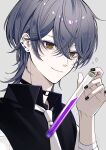  1boy absurdres ayato_galilei black_choker black_nails black_shirt choker coat collared_shirt diamond_(shape) earrings english_commentary grey_hair hana_arare hand_up highres holding holding_test_tube jewelry light_smile looking_at_viewer male_focus mixed-language_commentary mole mole_under_eye nail_polish necktie o-ring o-ring_choker pale_skin purple_liquid shirt short_hair simple_background solo stud_earrings test_tube virtual_youtuber wactor_production white_background white_coat white_necktie wing_collar yellow_eyes 