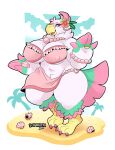  anthro avian beach beak big_breasts blue_eyes breasts claws clothed clothing feathers female hi_res mature_female nipple_outline open_mouth open_smile partially_clothed pink_body pink_feathers schwarzfox seaside simple_background smile solo thick_thighs tongue white_body white_feathers 