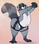  anthro bulge chest_tuft claws clothed clothing cracking_knuckles crossdressing elcy fangs fur garter_belt garter_straps grey_body grey_fur hi_res male mammal markings mostly_nude panties procyonid raccoon ring_(marking) ringtail skimpy slightly_chubby solo striped_markings striped_tail stripes tail_markings tuft underwear whiskers 