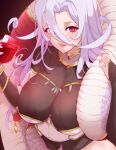  1girl alcohol blush breasts bridal_gauntlets cup hair_between_eyes highres holding holding_cup lamia large_breasts light_purple_hair long_hair looking_at_viewer monster_girl monster_musume_no_oisha-san parted_lips red_eyes saphentite_neikes scales slit_pupils solo tail todding wine 