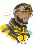  1boy animification apex_legends blonde_hair brown_eyes brown_hair dark-skinned_male dark_skin eyebrow_cut facial_hair goatee goggles goggles_on_head gradient_hair looking_at_viewer male_focus mirage_(apex_legends) mudu multicolored_hair official_alternate_costume parted_lips portrait smile solo the_revenger_mirage white_background yellow_armor 