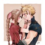  1boy 1girl aerith_gainsborough armor artist_name bandaged_arm bandages bangs belt blonde_hair blue_eyes blue_shirt blush border braid braided_ponytail brown_background brown_hair cloud_strife couple cropped_jacket dress final_fantasy final_fantasy_vii final_fantasy_vii_remake green_eyes hair_between_eyes hair_ribbon hands_on_another&#039;s_cheeks hands_on_another&#039;s_face heart hetero highres jacket long_hair looking_at_another parted_bangs pink_dress pink_ribbon puffy_short_sleeves puffy_sleeves red_jacket ribbon shirt short_hair short_sleeves shoulder_armor sidelocks sleeveless sleeveless_turtleneck smile spiked_hair turtleneck wavy_hair yco_030601 