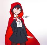  1girl absurdres alternate_costume arm_behind_back black_jacket black_skirt bow bowtie brown_pantyhose cape grey_eyes highres hood hooded_cape jacket looking_at_viewer multicolored_hair open_clothes open_hand open_jacket open_mouth pantyhose red_bow red_bowtie red_cape ruby_rose rwby school_uniform shirt signature simple_background skirt smile solo sytokun tassel uniform white_background white_shirt 