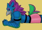  anthro avian blue_body blue_feathers butt choker clothing digital_media_(artwork) feathers fishnet green_body green_feathers jewelry leather lofihill looking_at_viewer male necklace pink_clothing prettybird_(another_bird) purple_body purple_feathers side_view solo tight_clothing 