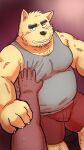  2022 anthro belly black_nose blush bodily_fluids bottomwear bulge canid canine canis clothing domestic_dog duo hi_res humanoid_hands kemono kick_(artist) male mammal moob_grab overweight overweight_male shirt shorts solo_focus sweat topwear 
