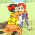  2girls anne_of_green_gables anne_shirley apron arms_around_neck black_hair blush boots braid closed_eyes commentary diana_barry dress freckles grass hair_ribbon hair_rings hug imminent_kiss kneeling lowres multiple_girls oekaki on_grass red_hair ribbon shou_(akuma_no_ryouiki) twin_braids yuri 