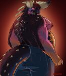  anthro big_pecs bottomwear butt capcom clothing denim denim_clothing dragon elder_dragon furgonomics hi_res horn jeans looking_back male monster_hunter musclegut nergigante nipples overweight overweight_anthro overweight_male pants pecs scalie sharp_teeth solo spikes teeth treebarkdragon video_games 