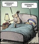  animate_inanimate anthro bed bedding blanket book cervid comic duo english_text eyes_closed food furniture honey_(food) hooves humor jar lamp mammal pillow pun text zavelao 