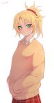  1girl 2022 :/ artist_name bangs blonde_hair blush brown_sweater closed_mouth cowboy_shot darahan fate/apocrypha fate/grand_order fate_(series) green_eyes hair_ornament hair_scrunchie hands_in_pockets long_hair long_sleeves looking_at_viewer mordred_(fate) mordred_(fate/apocrypha) plaid plaid_skirt ponytail red_scrunchie red_skirt scrunchie shirt shirt_under_sweater simple_background skirt smile solo sweater 