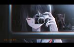  1girl absurdres bangs black_hair blue_sailor_collar camera chromatic_aberration closed_eyes closed_mouth hand_up highres holding holding_camera letterboxed long_hair noubin original photo_date_watermark playground sailor_collar solo 