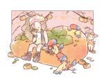  1girl antenna_hair archen baseball_cap black_footwear black_vest blue_shorts boots branch brown_hair closed_mouth cutoffs deerling deerling_(autumn) food fruit hand_up hat hilda_(pokemon) holding holding_food holding_fruit katiko leaf long_hair no_nose open_clothes open_vest persimmon pink_eyes pink_headwear pokemon pokemon_(creature) pokemon_(game) pokemon_bw ponytail shorts sidelocks sitting smile tank_top two-tone_headwear vest white_headwear white_tank_top wide_ponytail 
