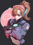  ... 1girl armor black_background blue_bodysuit bodysuit breasts brown_hair d.va_(overwatch) facial_mark headphones highres long_hair medium_breasts overwatch overwatch_2 pilot_suit ponytail purple_eyes shoulder_pads solo upper_body whisker_markings yabby 