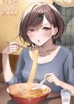  1girl ai_drawing_anime_characters_eating_ramen_(meme) bangs brown_hair chopsticks eating food glass hair_ornament hairclip highres higuchi_madoka holding holding_chopsticks holding_spoon idolmaster idolmaster_shiny_colors indoors meme nail_polish noodles pink_eyes ramen short_hair shougun_(chuckni1) solo spoon swept_bangs upper_body 