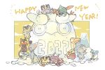  2022 ^_^ alolan_meowth blue_eyes closed_eyes cloud coin colored_sclera darumaka espurr galarian_darumaka galarian_meowth glameow gold grin half-closed_eyes happy_new_year highres katiko koban_(gold) litten meowth mountain new_year no_humans perrserker pokemon pokemon_(creature) purrloin sharp_teeth skitty slit_pupils smile sneasel snow snowman teeth whiskers x_x yellow_sclera 