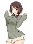  1girl :o arms_up ass_visible_through_thighs braid breast_pocket brown_eyes brown_hair buttons commentary_request contrapposto crown_braid fingernails grey_jacket grey_shirt highres isosceles_triangle_(xyzxyzxyz) jacket long_fingernails long_sleeves looking_at_viewer luminous_witches medium_hair paw_print pocket shibuya_inori shirt solo thighs world_witches_series 