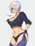  1girl angel_(kof) belt_buckle blue_eyes breasts buckle chaps cleavage cowboy_shot cropped_jacket english_text fingerless_gloves gloves hair_over_one_eye isu_zusan large_breasts looking_at_viewer midriff short_hair smile solo the_king_of_fighters thighs twitter_username underwear white_hair 