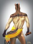  2022 5_fingers anthro arthus_(wasen) balls bottomwear bottomwear_aside brown_hair clothing clothing_aside digital_media_(artwork) equid equine fingers genitals hair hi_res horse loincloth loincloth_aside male mammal multicolored_body muscular pize simple_background solo tail_aside two_tone_body two_tone_tail 
