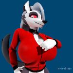  3d_(artwork) absurd_res anthro big_breasts breasts canid canid_demon cleavage clothed clothing demon digital_media_(artwork) female hair hellhound helluva_boss hi_res huge_breasts jacket looking_at_viewer loona_(helluva_boss) mammal nipple_outline pantsless provocative red_sclera severalbaps smile solo topwear white_hair zipper_down 