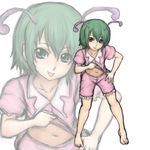  :p antennae barefoot come_hither feet green_eyes green_hair kuro_suto_sukii navel pajamas shirt_lift short_hair solo teasing tongue tongue_out touhou wriggle_nightbug zoom_layer 