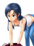  bag bent_over blue_hair bra breasts downblouse face idolmaster idolmaster_(classic) kenbou kisaragi_chihaya lingerie long_hair nipple_slip nipples simple_background small_breasts solo standing underwear white_background 