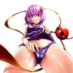  bad_id bad_pixiv_id cameltoe copycat_(dryfood) eyes from_below hairband heart komeiji_satori one-piece_swimsuit purple_eyes purple_hair purple_school_swimsuit school_swimsuit school_swimsuit_flap shirt_lift short_hair solo swimsuit touhou white_background 