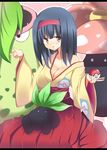  :3 akane_souichi black_hair breasts brown_eyes cleavage erika_(pokemon) gen_1_pokemon hairband holding holding_poke_ball japanese_clothes kimono large_breasts letterboxed long_hair looking_at_viewer obi oddish poke_ball poke_ball_(generic) pokemon pokemon_(creature) pokemon_(game) pokemon_frlg pokemon_on_lap sash sitting sitting_on_lap sitting_on_person victreebel vileplume 