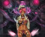  bad_deviantart_id bad_id breasts copyright_request dark_skin eyepatch freckles gloves goggles goggles_around_neck hat hector_enrique_sevilla_lujan highres knife large_breasts lips nipple_slip nipples panties pink_hair short_hair solo striped striped_panties topless underwear yellow_eyes 