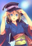  blue_eyes brown_hair hands hat highres logi_(logica+physica) original solo 