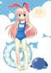  absurdres amae_koromo animal_ears barefoot blonde_hair blue_eyes bunny_ears feet hand_on_hip highres innertube legs long_hair name_tag one-piece_swimsuit pigeon-toed ribbon saki school_swimsuit solo swimsuit tokumi_yuiko 